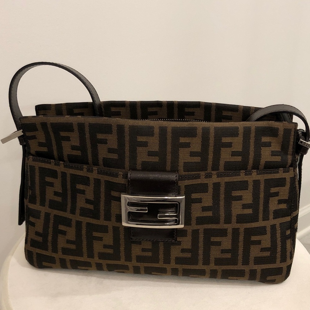 Fendi Brown and Black FF Logo Canvas Shoulder Bag